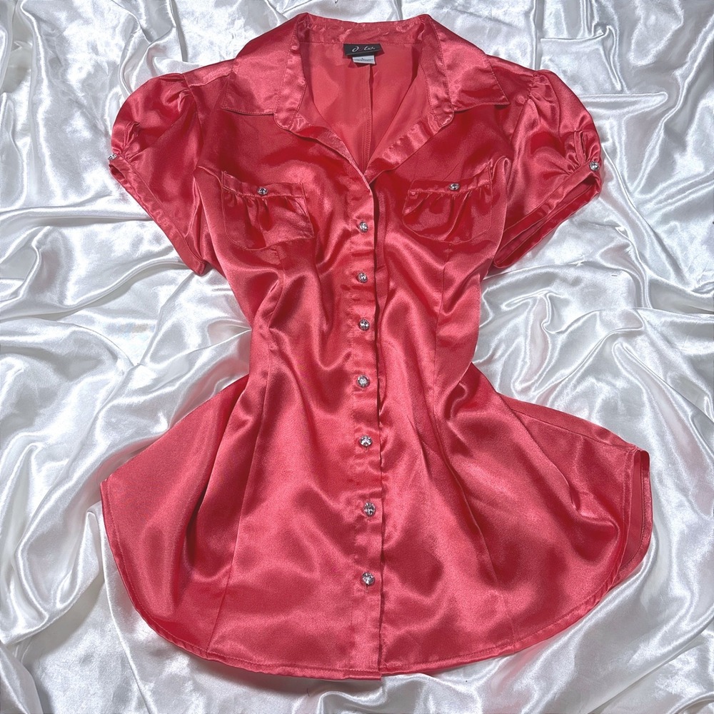 y2k Dots Blouse Pink Excellent Satin Rhinestone Button Puff Sleeve Top L